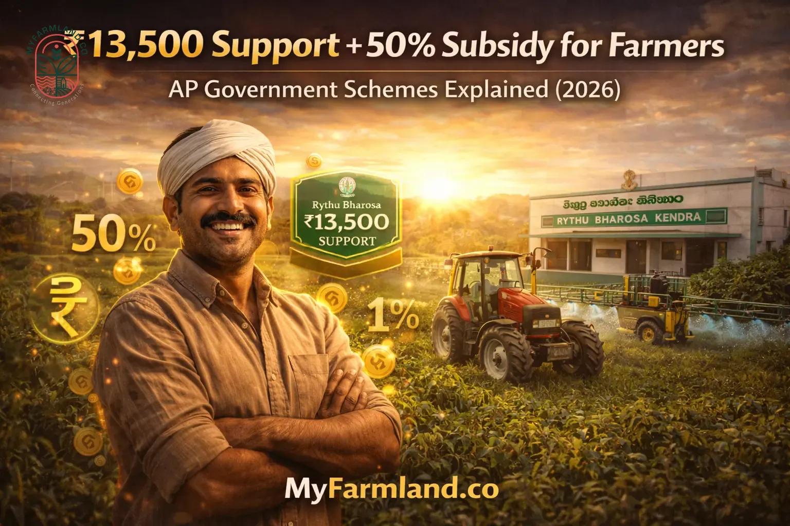 Andhra Pradesh Farmer Subsidies & Schemes 2026: Complete Guide to Rythu Bharosa, Machinery Support & Benefits | MyFarmland.co